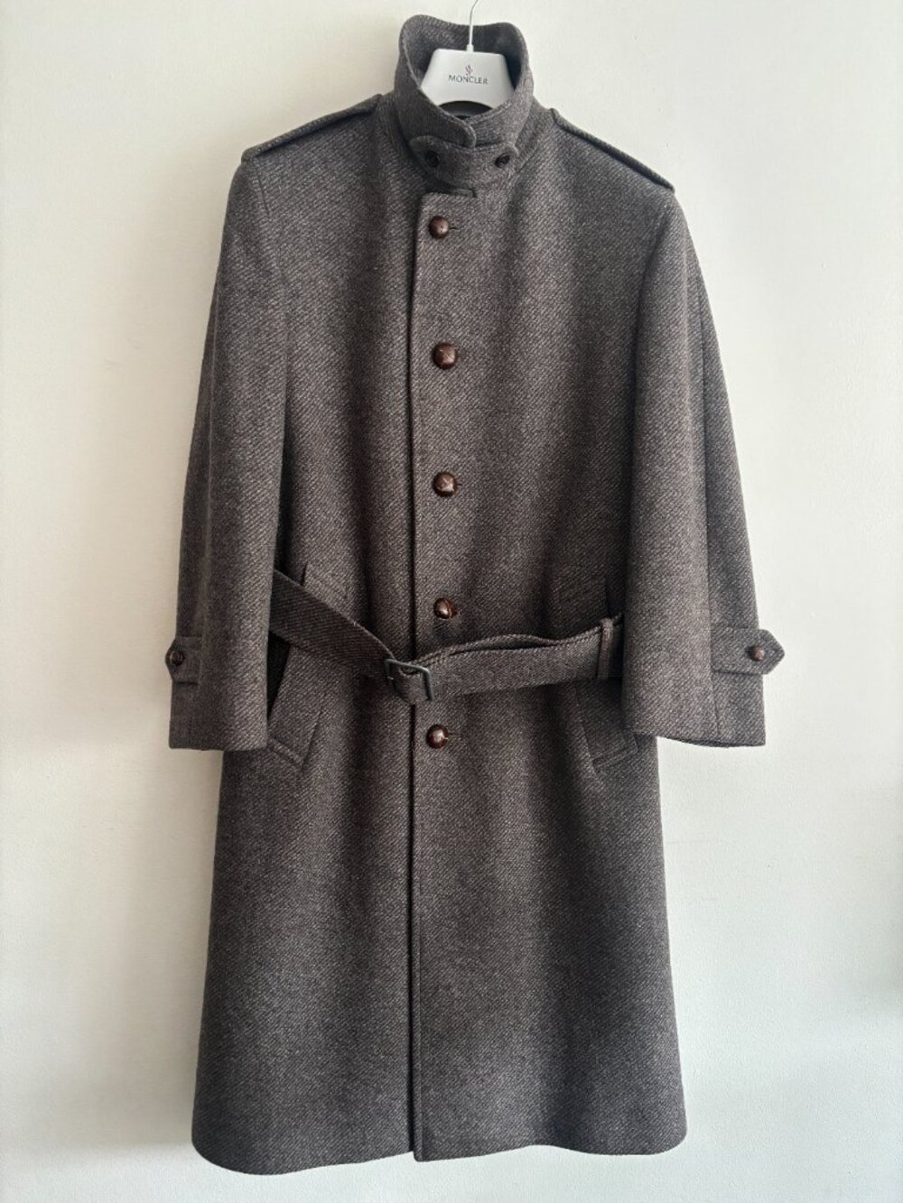 VTG Aquascutum Grey Brown Twill Belted Wool Tweed Overcoat - 36-38 Short/ Small